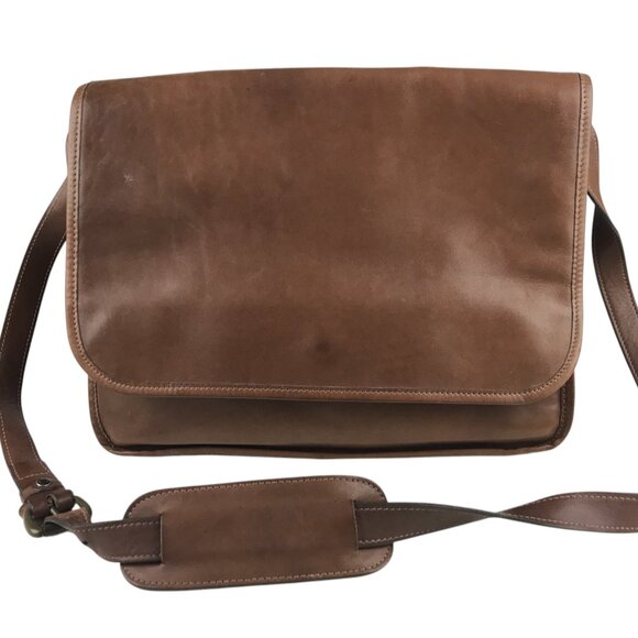 Land's End Direct Merchant Messenger Bag Genuine Leather Zip Pocket Strap Brown